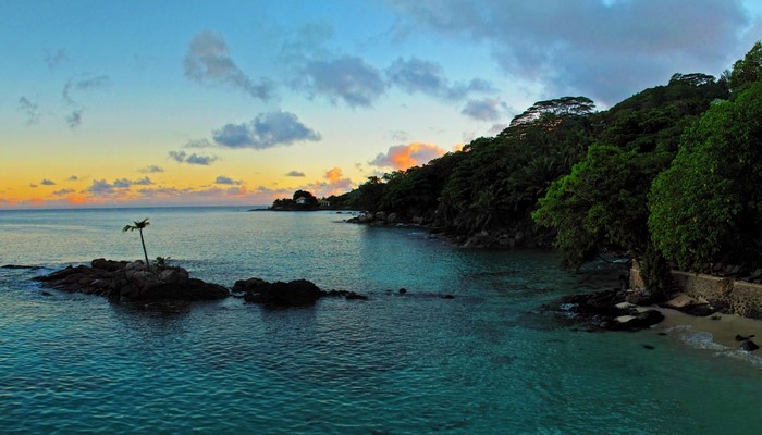 Tropical island bay at sunset with palm tree on rocks