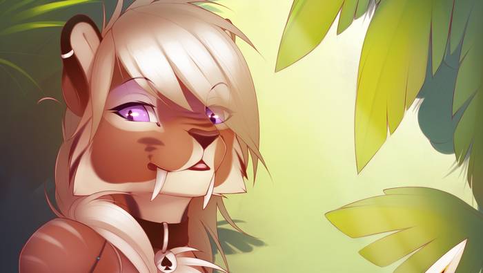 Anthro sabertooth character with purple eyes and blonde hair