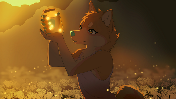 Anthro fox holding a jar of fireflies at sunset