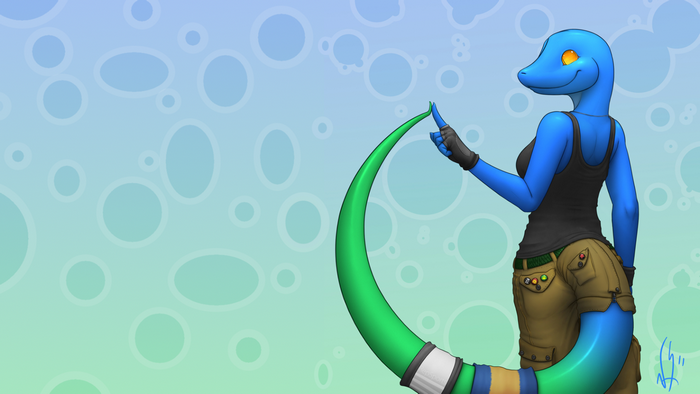 Blue anthropomorphic lizard character with green tail