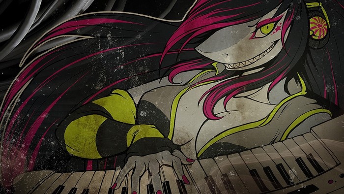 Shark girl playing a keyboard with headphones