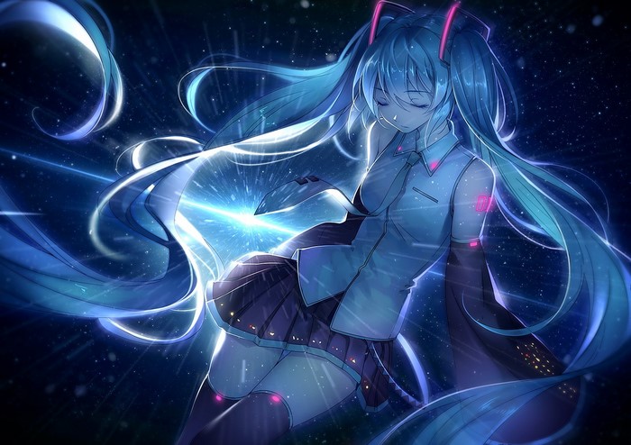 Hatsune Miku from Vocaloid in a starry background