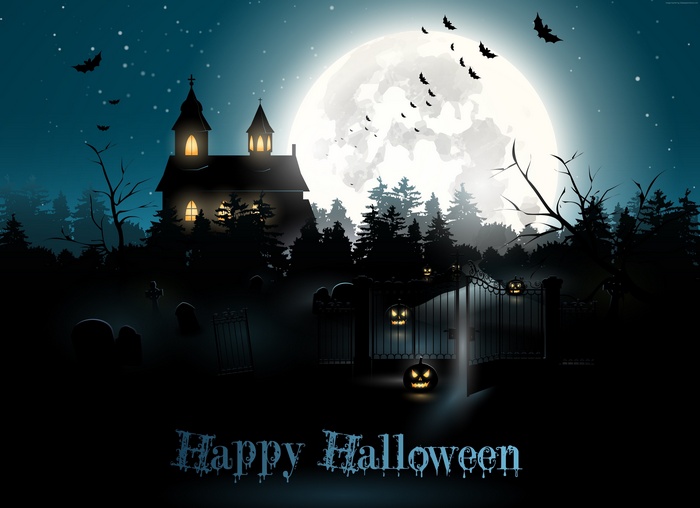Halloween night with haunted house and cemetery