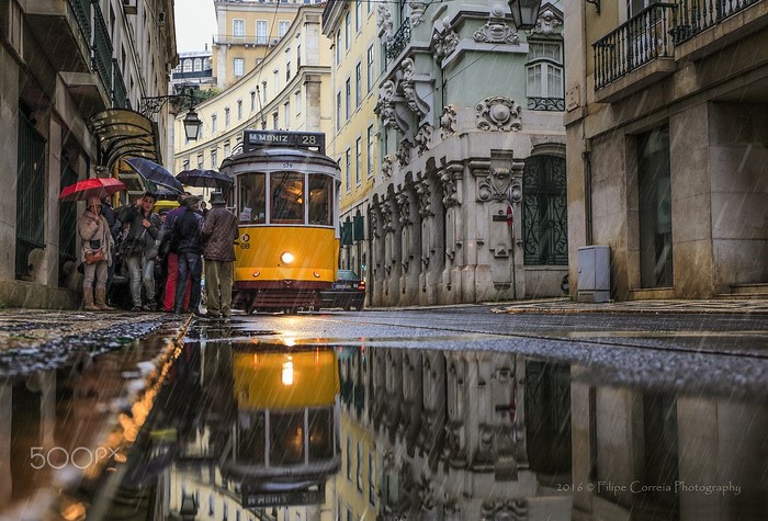 Yellow tram on a rainy street in Lisbon