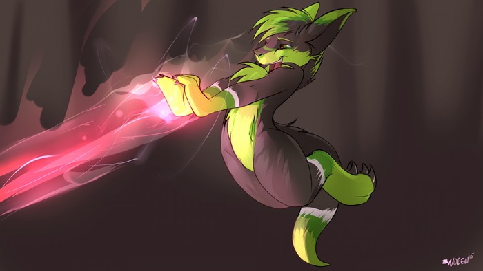 Furry character casting a spell with pink energy