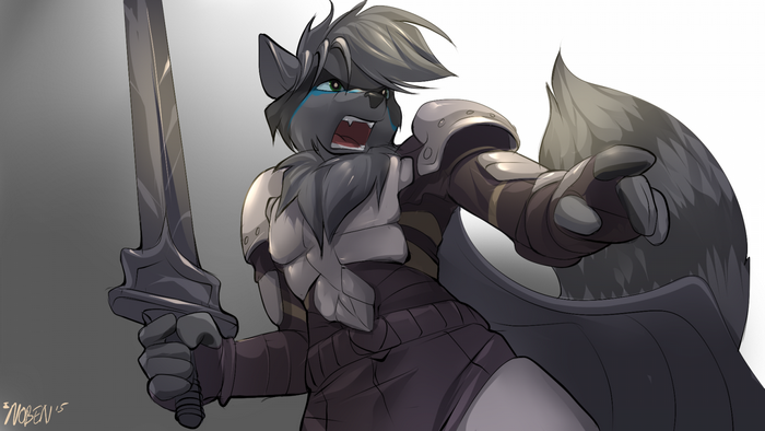 Furry warrior with sword pointing forward