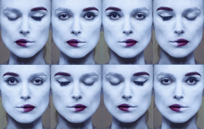 Collage of Keira Knightley's face with split makeup