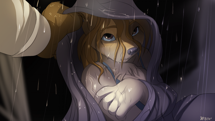 Furry character in the rain