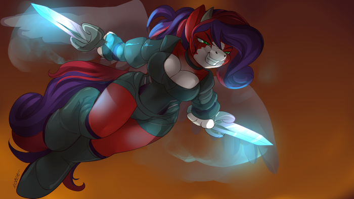 Furry character with glowing swords in anime style