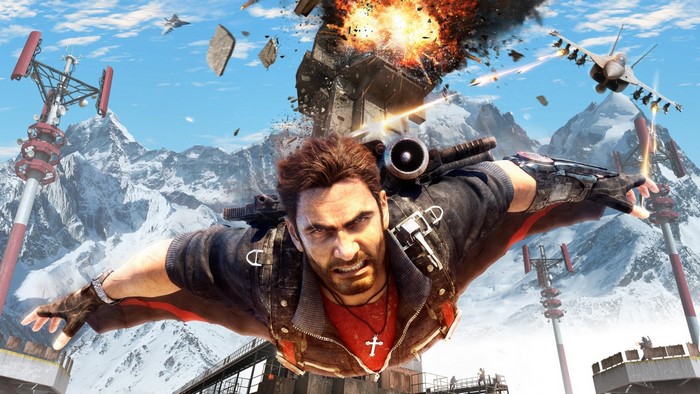 Rico Rodriguez from Just Cause 3 in a wingsuit