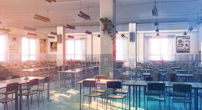Cafeteria interior with tables and chairs
