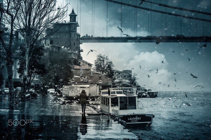 Winter scene in Istanbul with seagulls and a bridge
