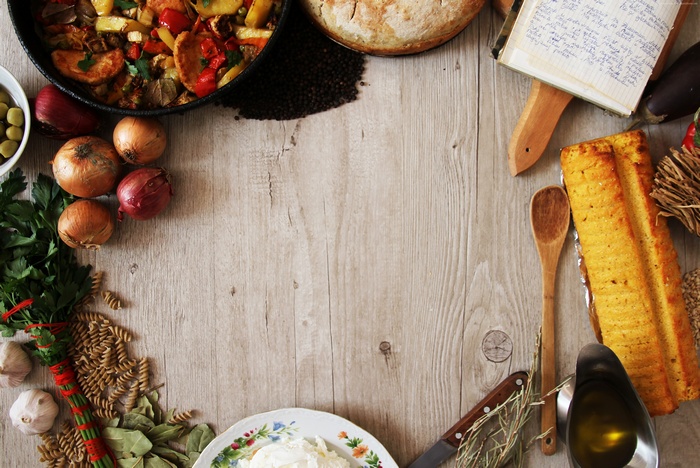 Still life of food and ingredients on a wooden table
