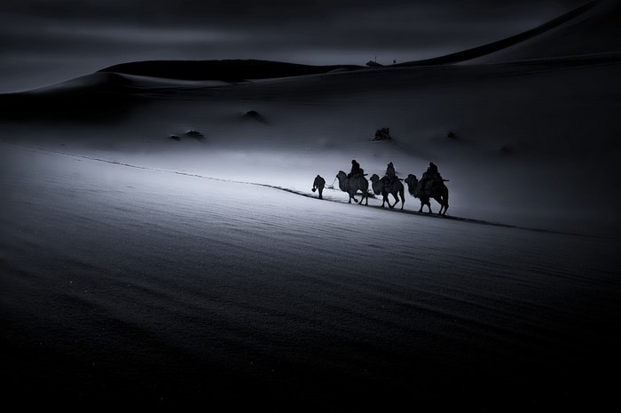 Camels and riders in a dark desert landscape