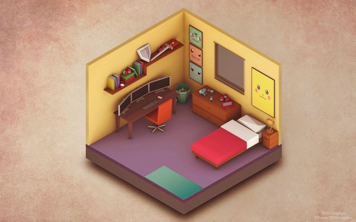 Isometric bedroom with desk, bed, and Pokemon art