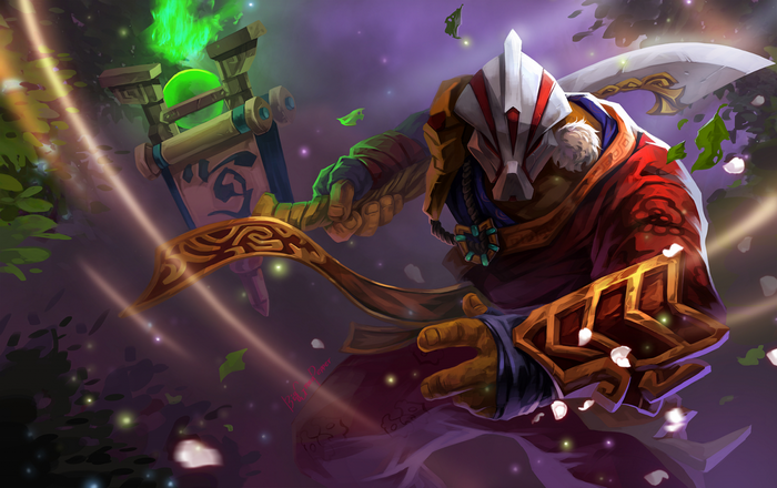 Juggernaut from Dota 2 holding a scroll