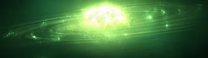 Green galaxy with bright central star and swirling dust clouds