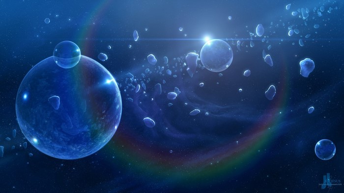 Planets and asteroids in outer space with rainbow