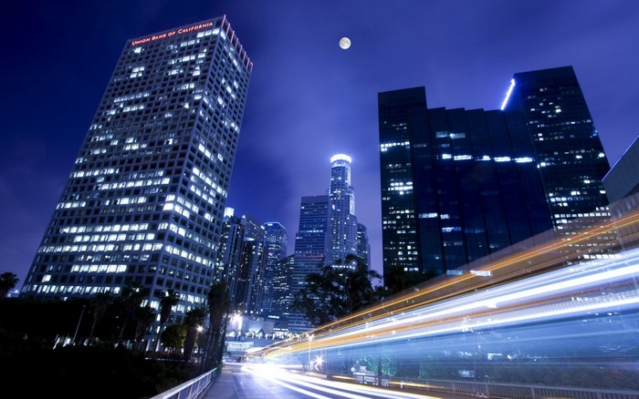 Downtown Los Angeles Skyline at Night with Moon
