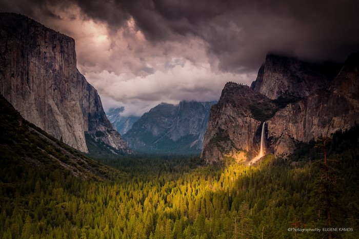Yosemite Valley with Waterfall and Stormy Clouds