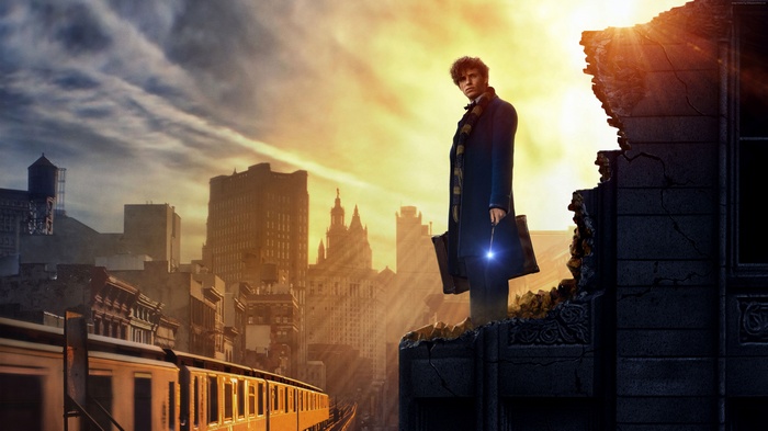 Newt Scamander from Fantastic Beasts in a ruined city