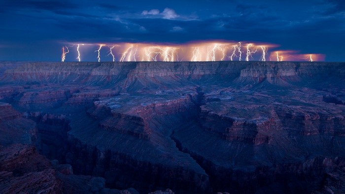Lightning storm over the Grand Canyon at dusk
