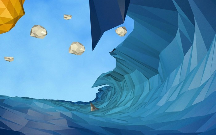 Low poly wave with floating rocks and shark