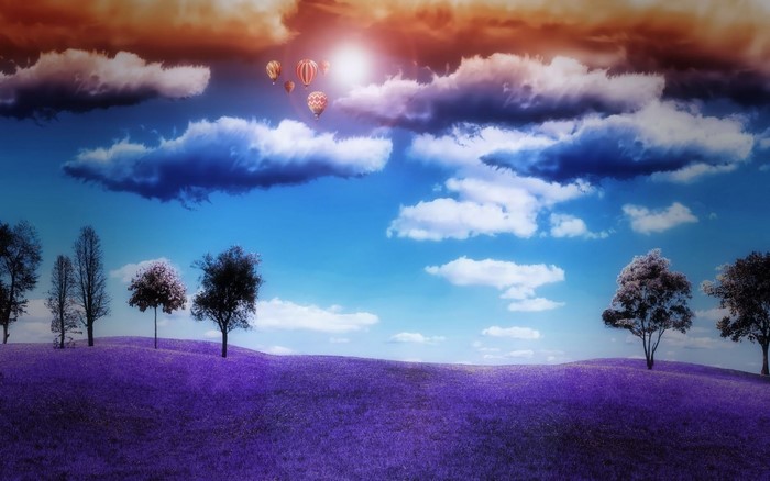 Hot air balloons in a surreal landscape at sunset