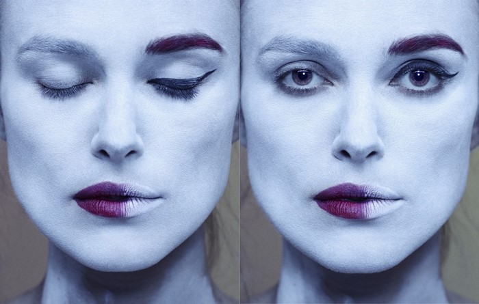 Collage of Keira Knightley with dramatic makeup