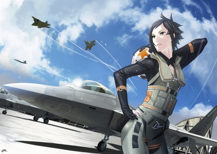 anime, anime girls, short hair, vehicle, airplane, aircraft, military ...