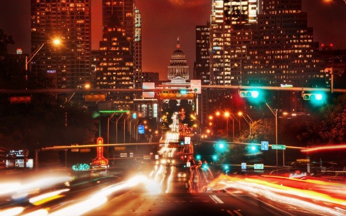 Austin Texas cityscape at night with light trails