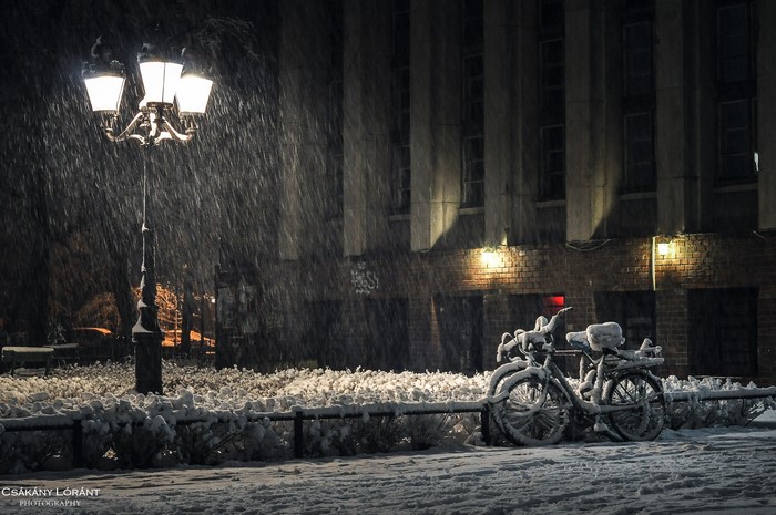 Bicycle in the snow at night