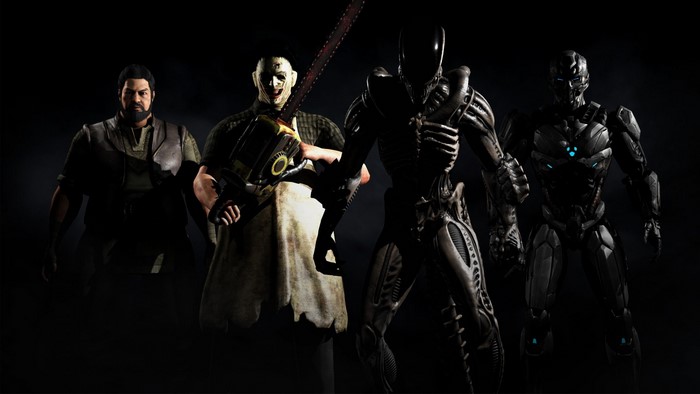 Four characters including Leatherface and a robot
