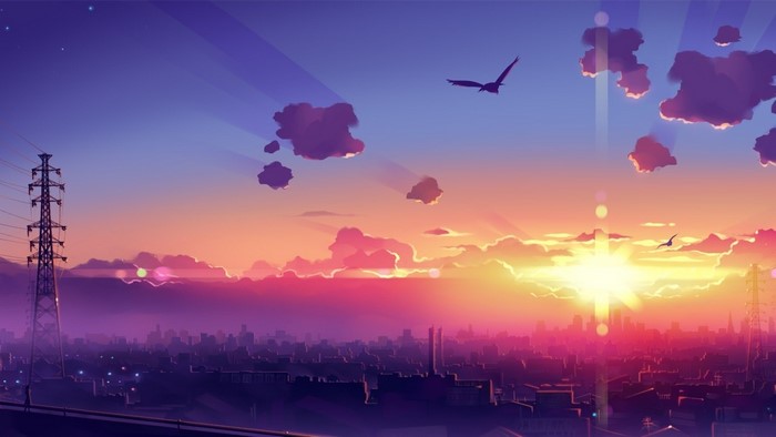 Anime cityscape at sunset with birds and power lines