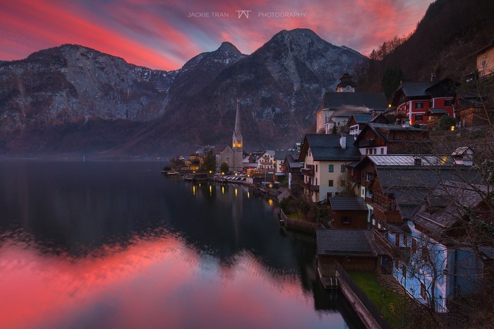 Hallstatt Village at Sunset with Mountain Reflection
