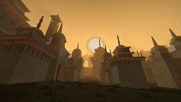 Stylized city with domes and spires at sunset