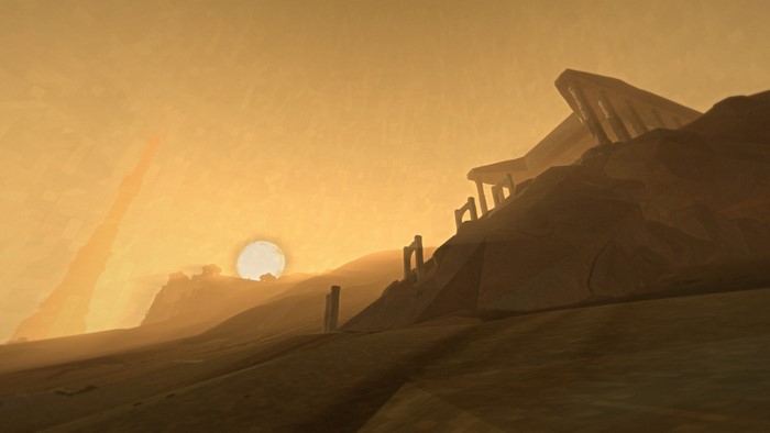 Desert landscape with ancient ruins at sunset