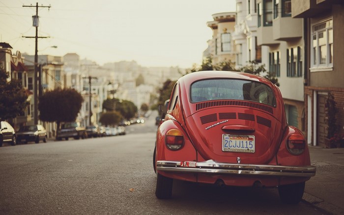 Red Volkswagen Beetle on a San Francisco street