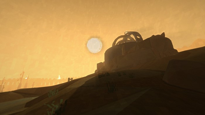 Desert landscape with ancient ruins at sunset