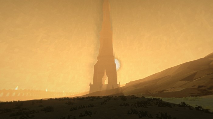 Tower in a desert landscape at sunrise