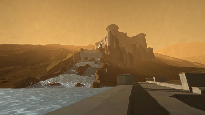 Castle on a rocky outcrop with a waterfall in a desert landscape