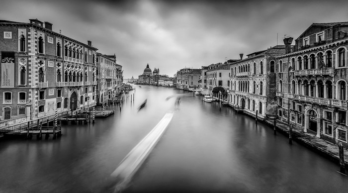 Monochrome Venice Canal with Buildings and Boats