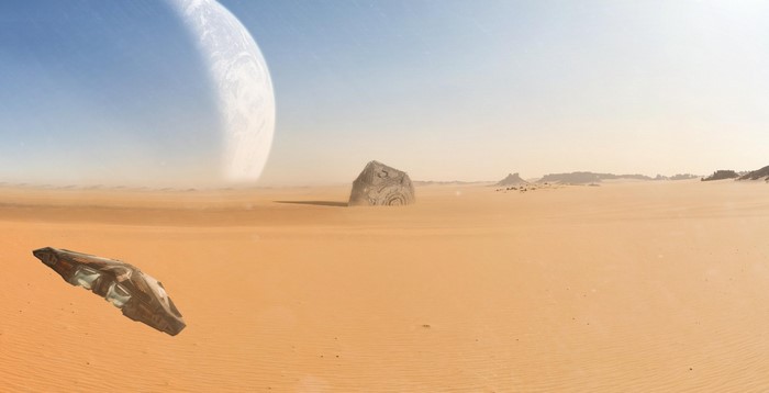 Alien desert landscape with a crashed ship and a monolith
