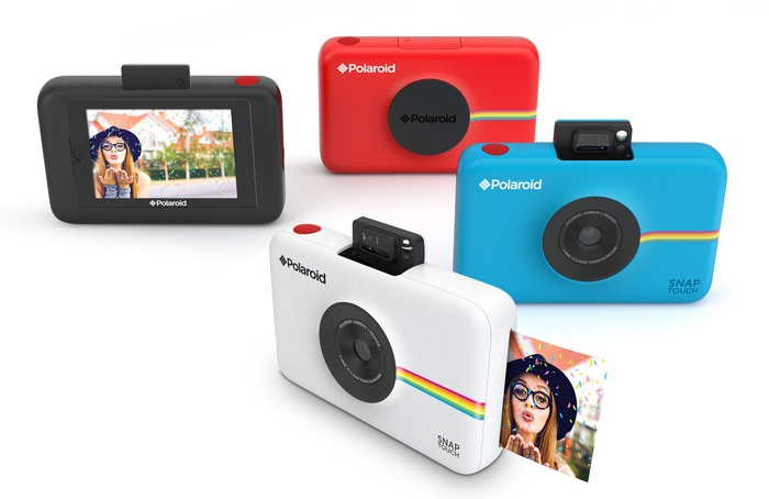 Polaroid Snap Touch cameras in red, blue, white, and black
