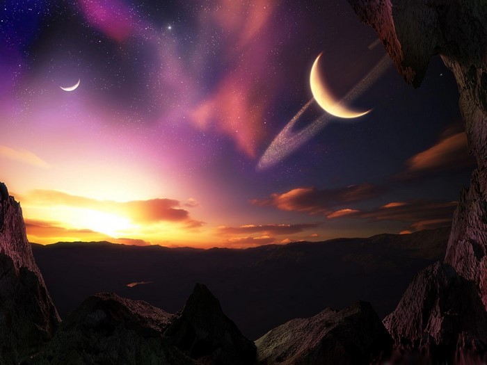 Alien planet landscape with ringed planet and moons at sunset