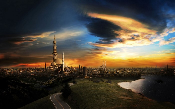 Fantasy cityscape with mosque at sunset