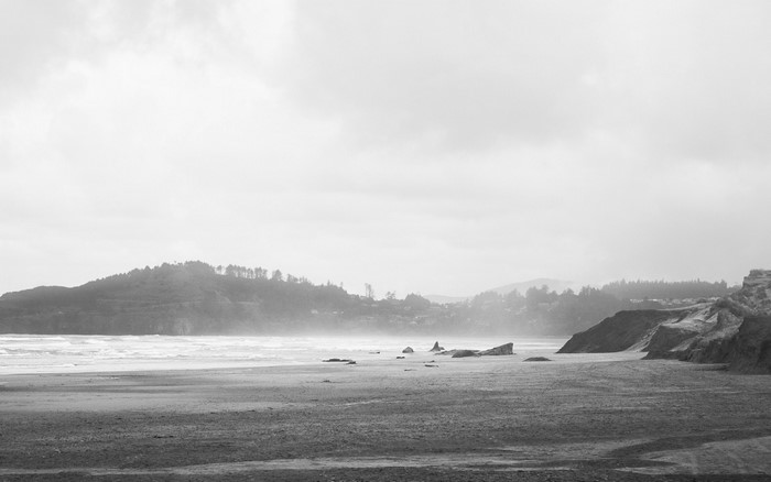 Misty Oregon Coastline with Waves and Rocky Outcrops