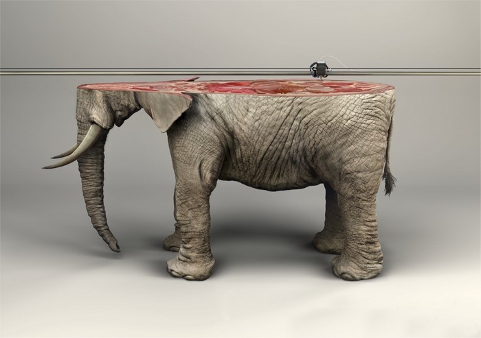Elephant sculpture being 3D printed with meat