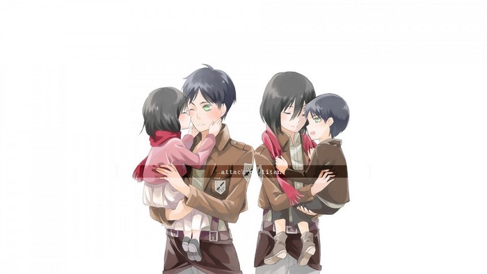 Eren and Mikasa from Attack on Titan holding children