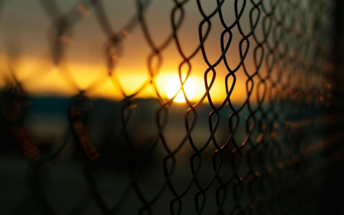 Sunset seen through a chain-link fence